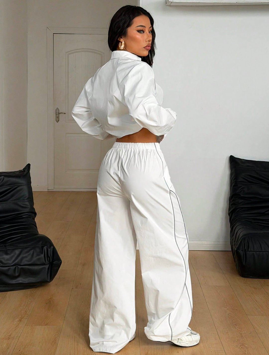 Reflective Zip Up Wide Leg Pant Set