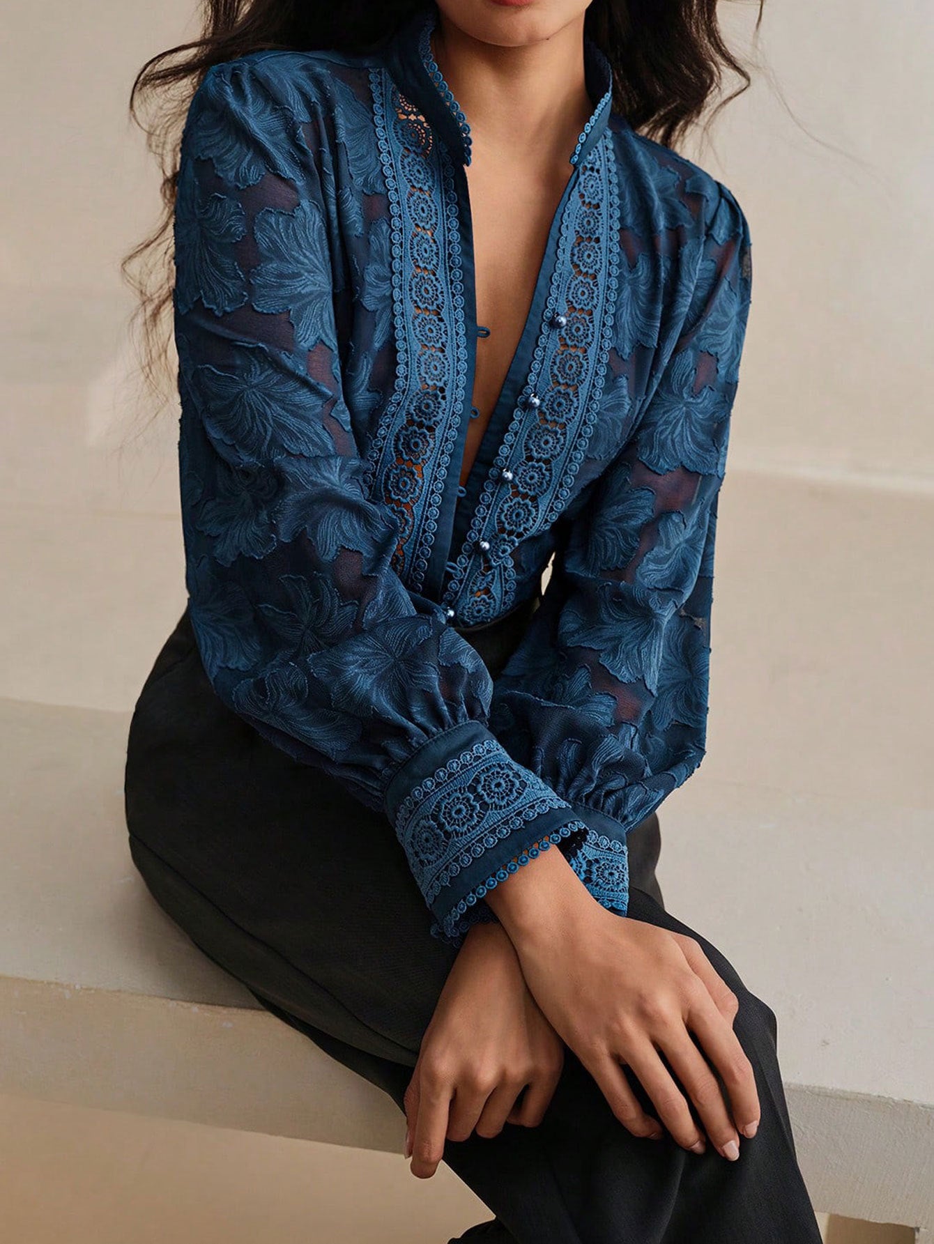 Sheer Floral Embroidered Button Down Shirt