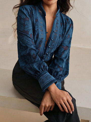 Sheer Floral Embroidered Button Down Shirt