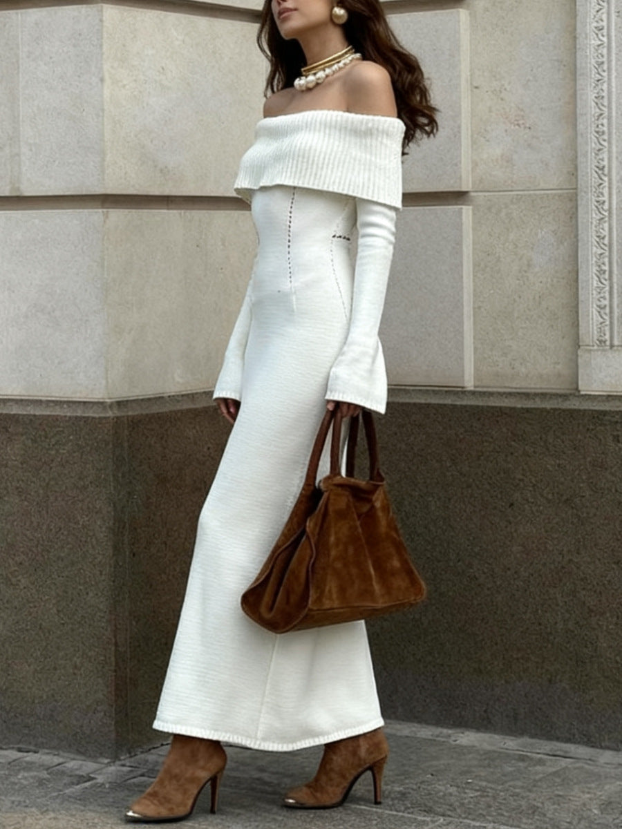 Off-Shoulder Ribbed-Knit Elegant Maxi Dress-Multicolor