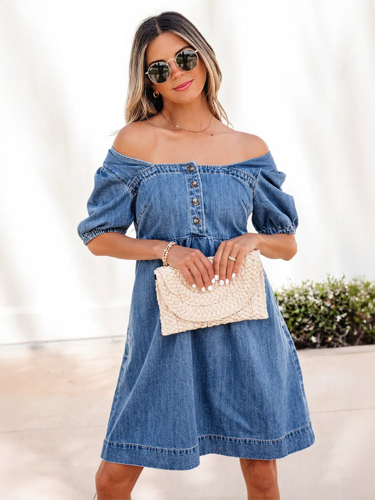 Square Neck Button Denim Dress