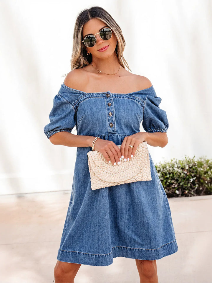 Square Neck Button Denim Dress
