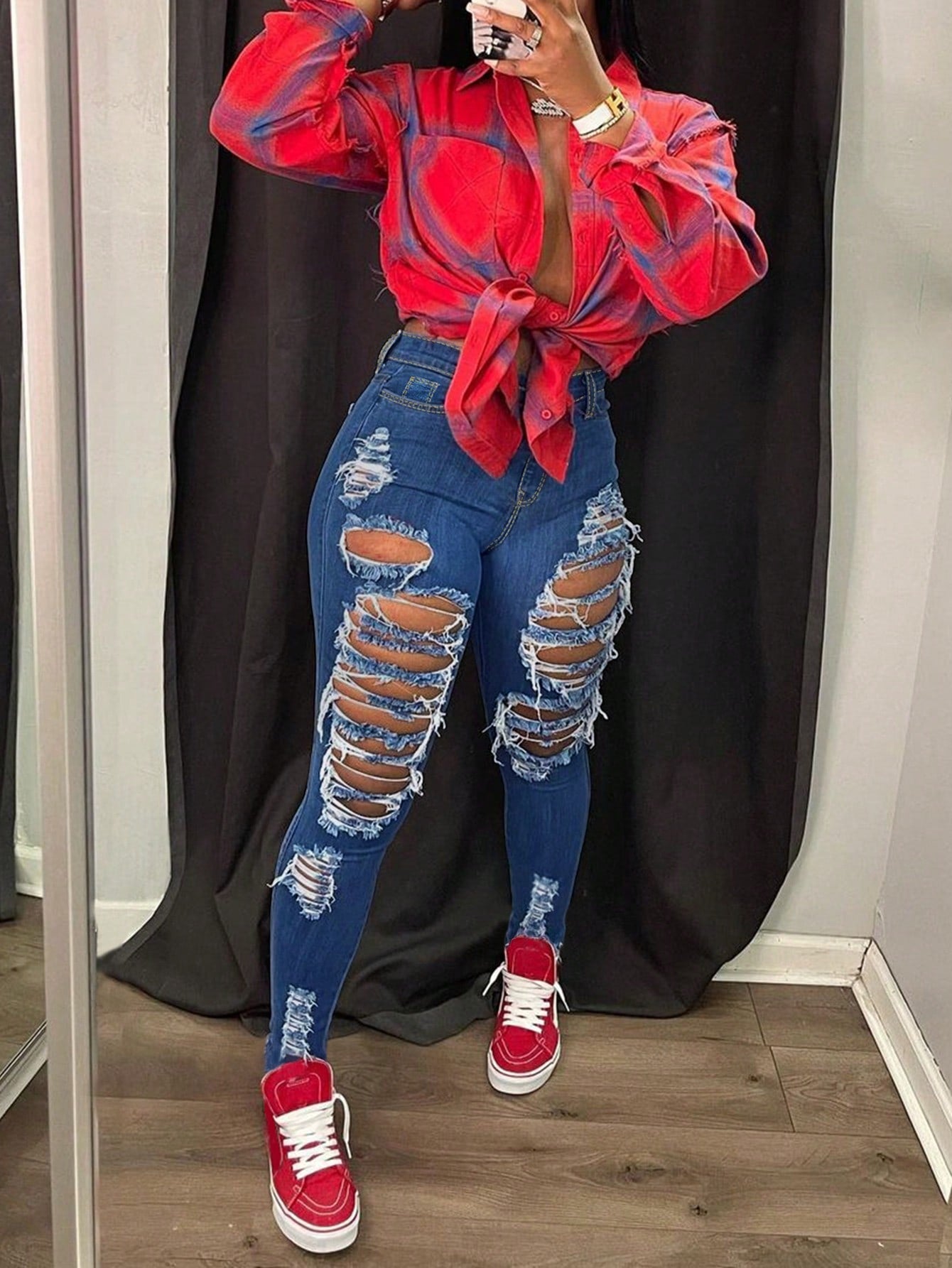 Distressed Ripped Skinny Street Jeans-Multicolor