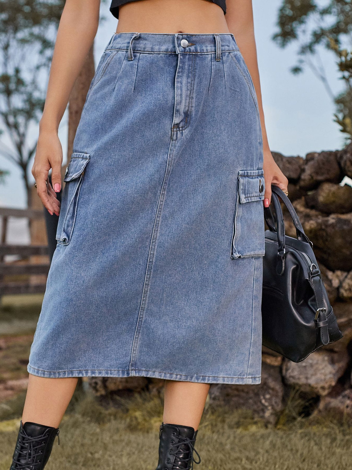 High Waisted Cargo Denim Midi Skirt