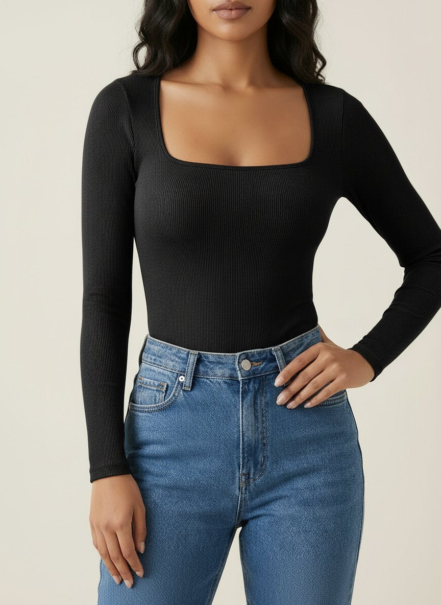 Square-Neck Long Sleeves Fitted Sexy Romper