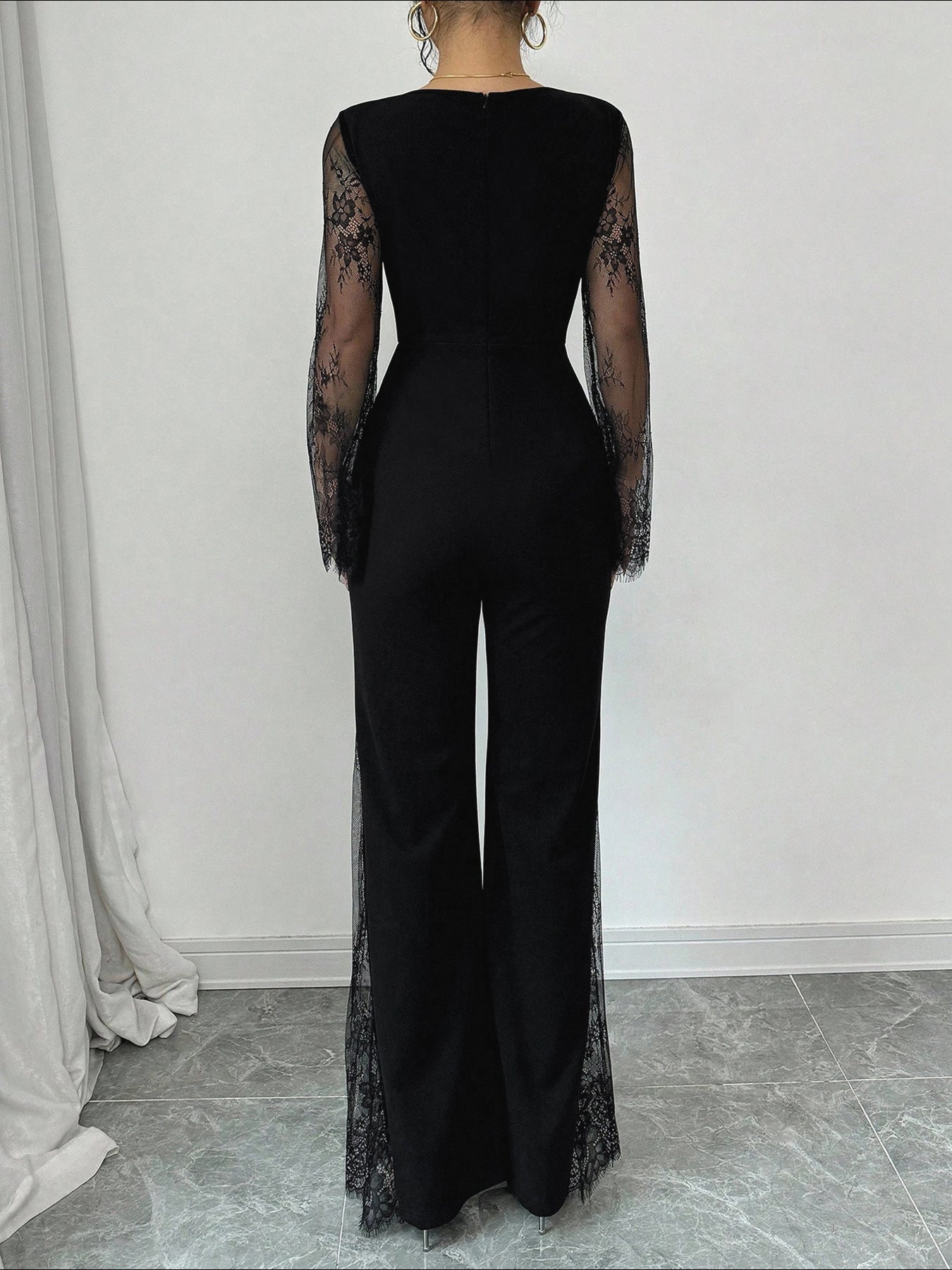 Sheer-Lace Sleeve Side-Lace Sexy Jumpsuit-Black