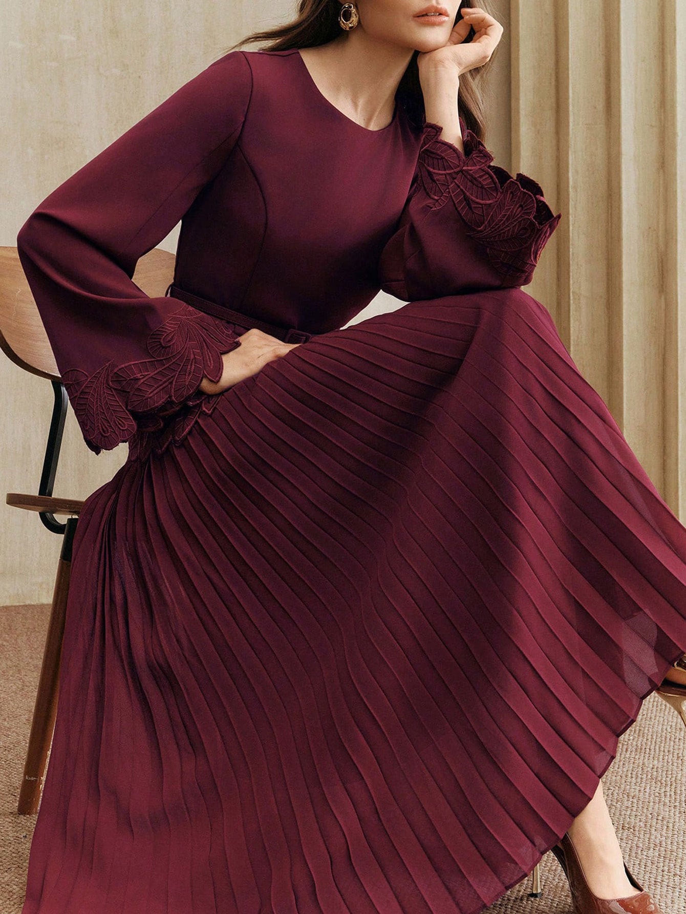 Embroidered Belted Pleated Midi Dress