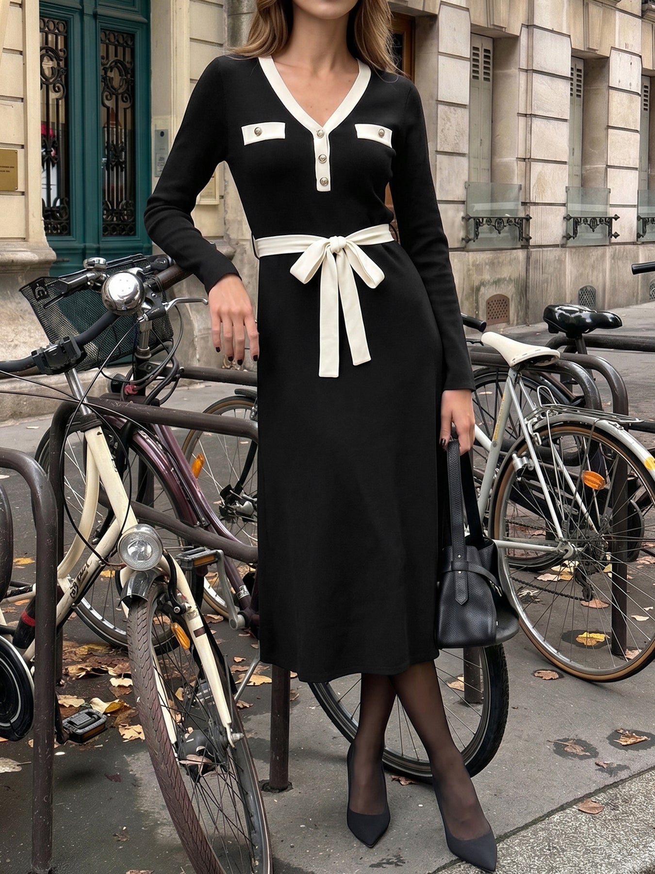 Elegant Contrast Trim Belted Midi Dress