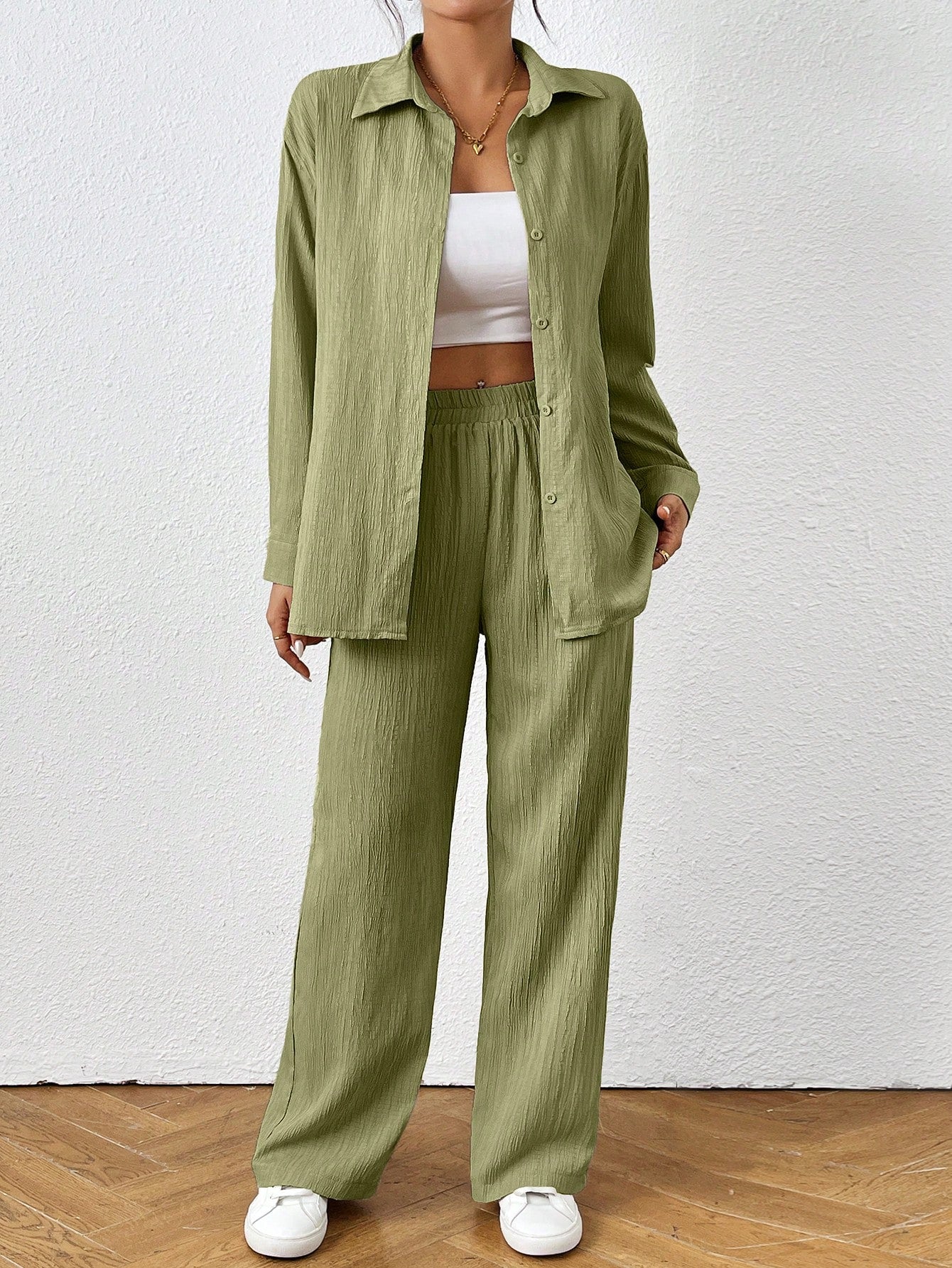 Loose-Fit Shirt Matching Wide-Leg Pants Casual Set
