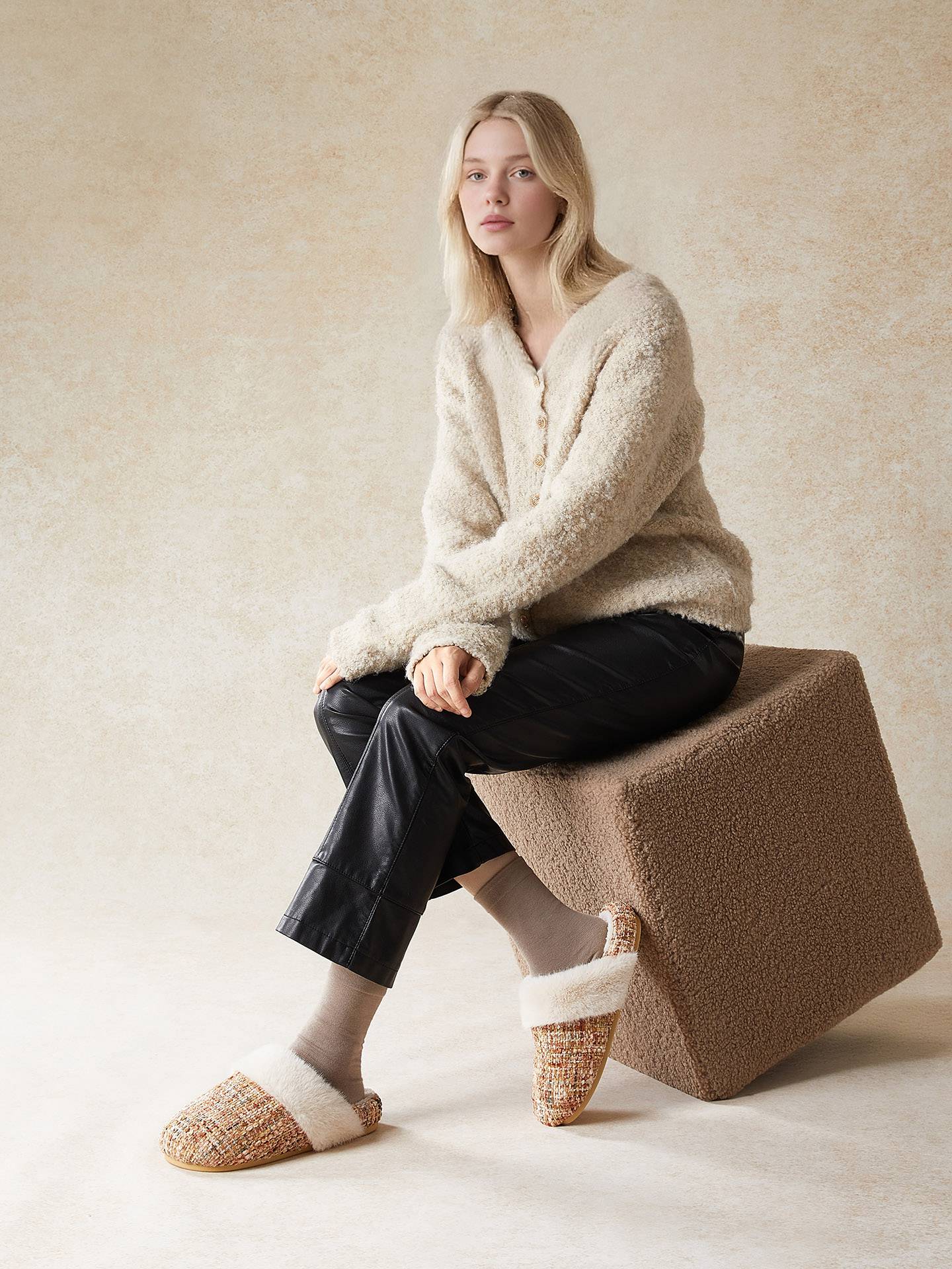 Cozy Faux Fur Tweed House Slippers