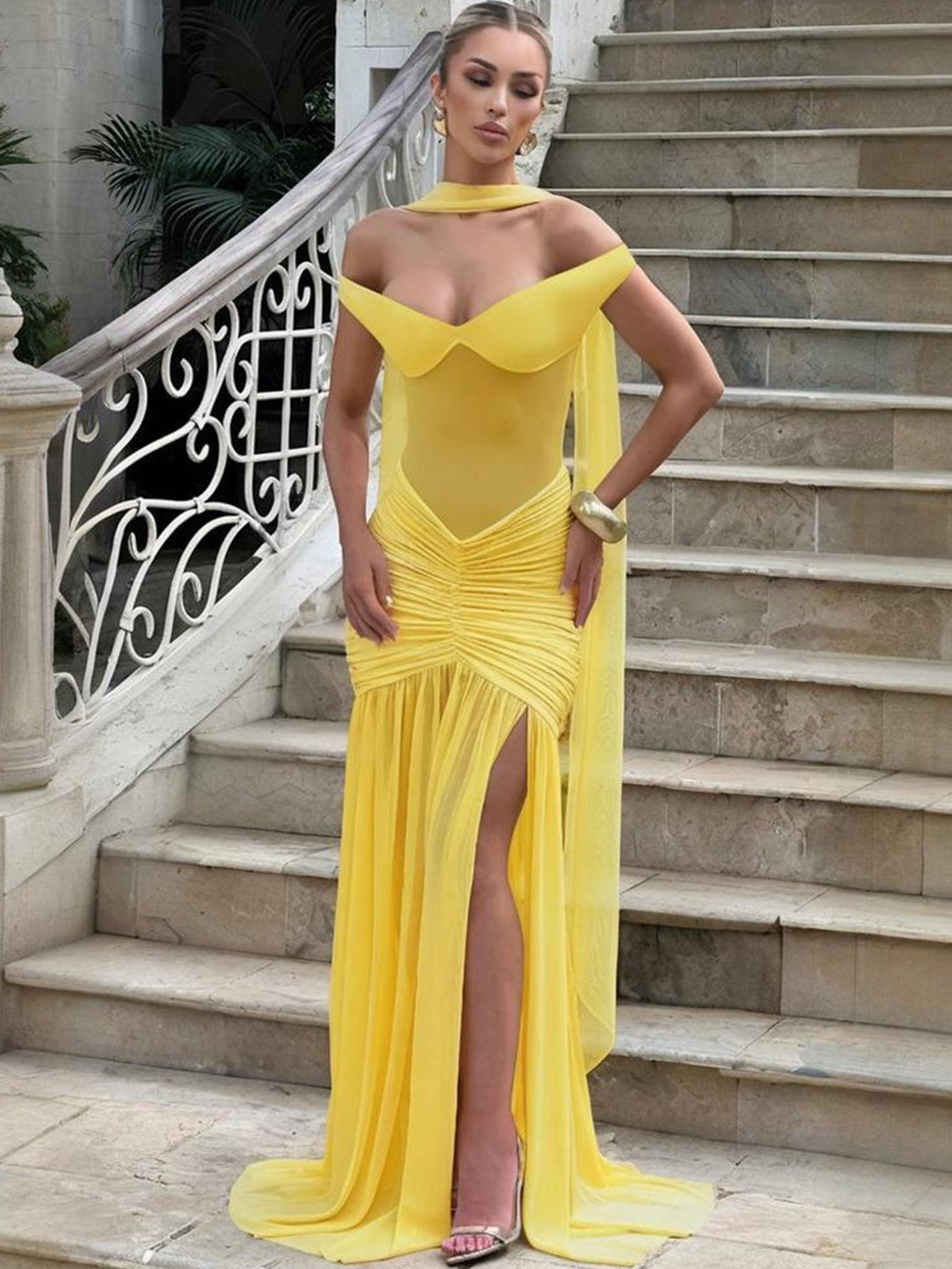 Off Shoulder Sheer Panel Sexy Maxi Dress