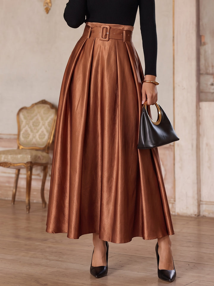 High Waisted Pleated Satin Midi Skirt