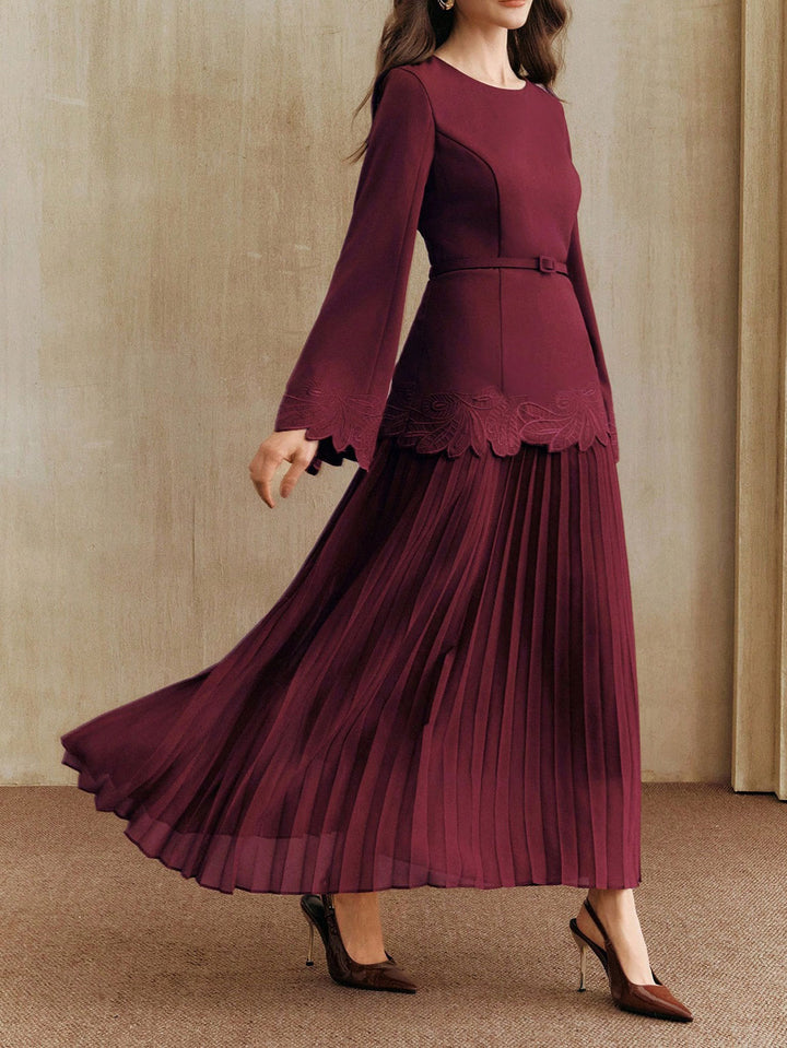 Embroidered Belted Pleated Midi Dress
