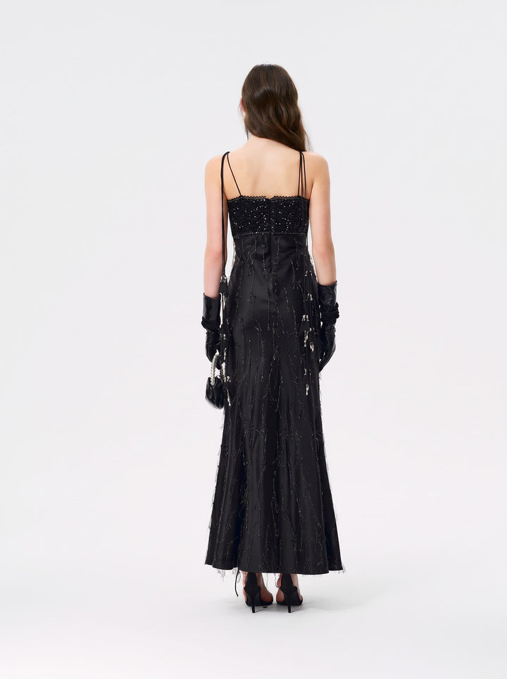 Embellished Satin V Neck Maxi Dress