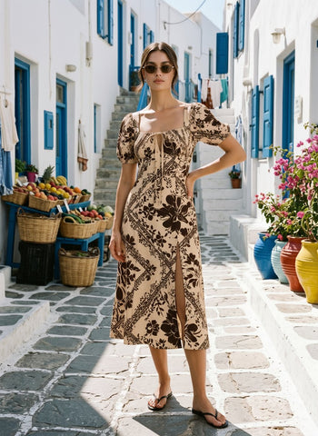 Floral Print Puff Sleeve Tie MidiDress