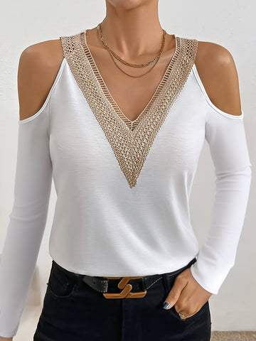 Elegant Lace Trim Cold Shoulder Tee
