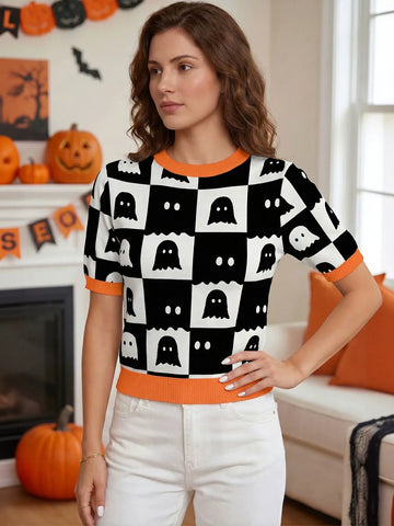 Ghost Print Checkerboard Short Sleeve Sweater