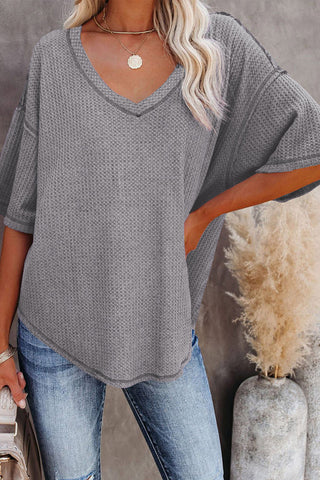 Casual V Neck Waffle Knit Tee