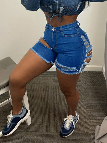Distressed Edgy Denim Shorts-Blue