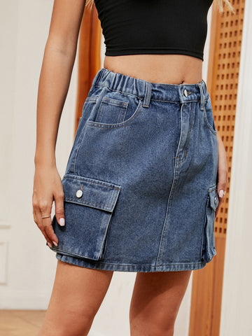 High Waisted Cargo Denim Mini Skirt