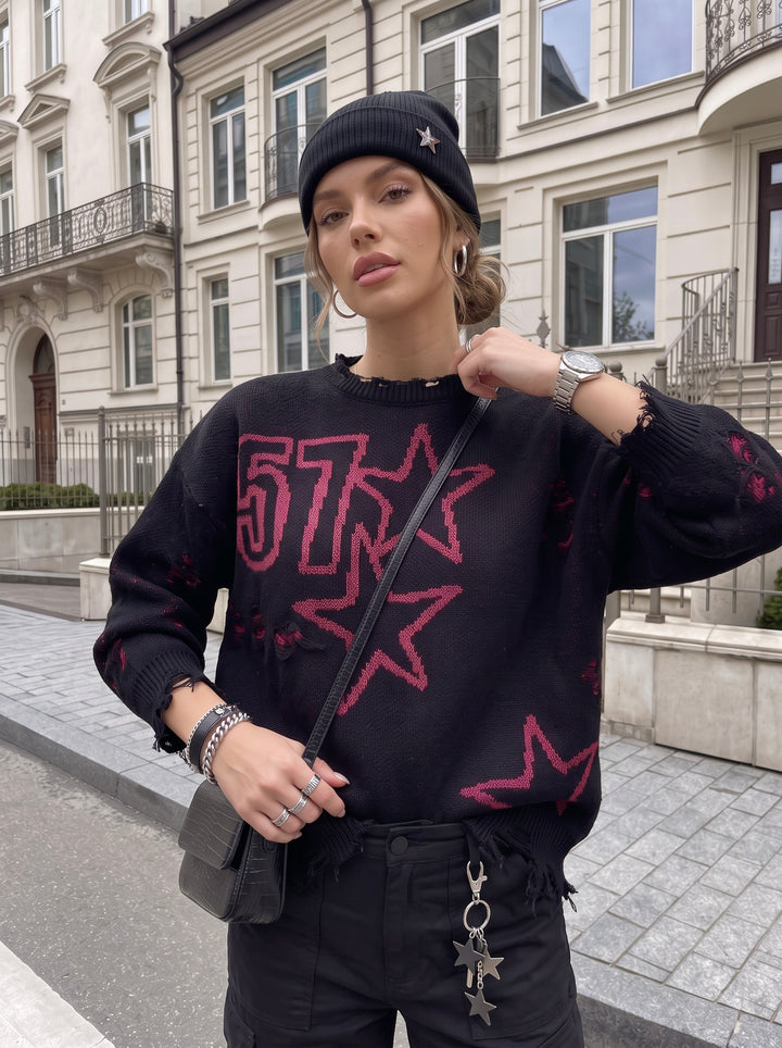 Distressed Graphic Star Oversized Sweater