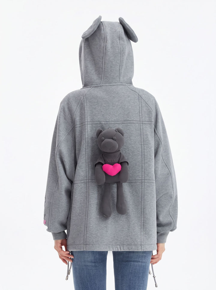 Oversized Graphic Bear Zip Up Hooded Jacket