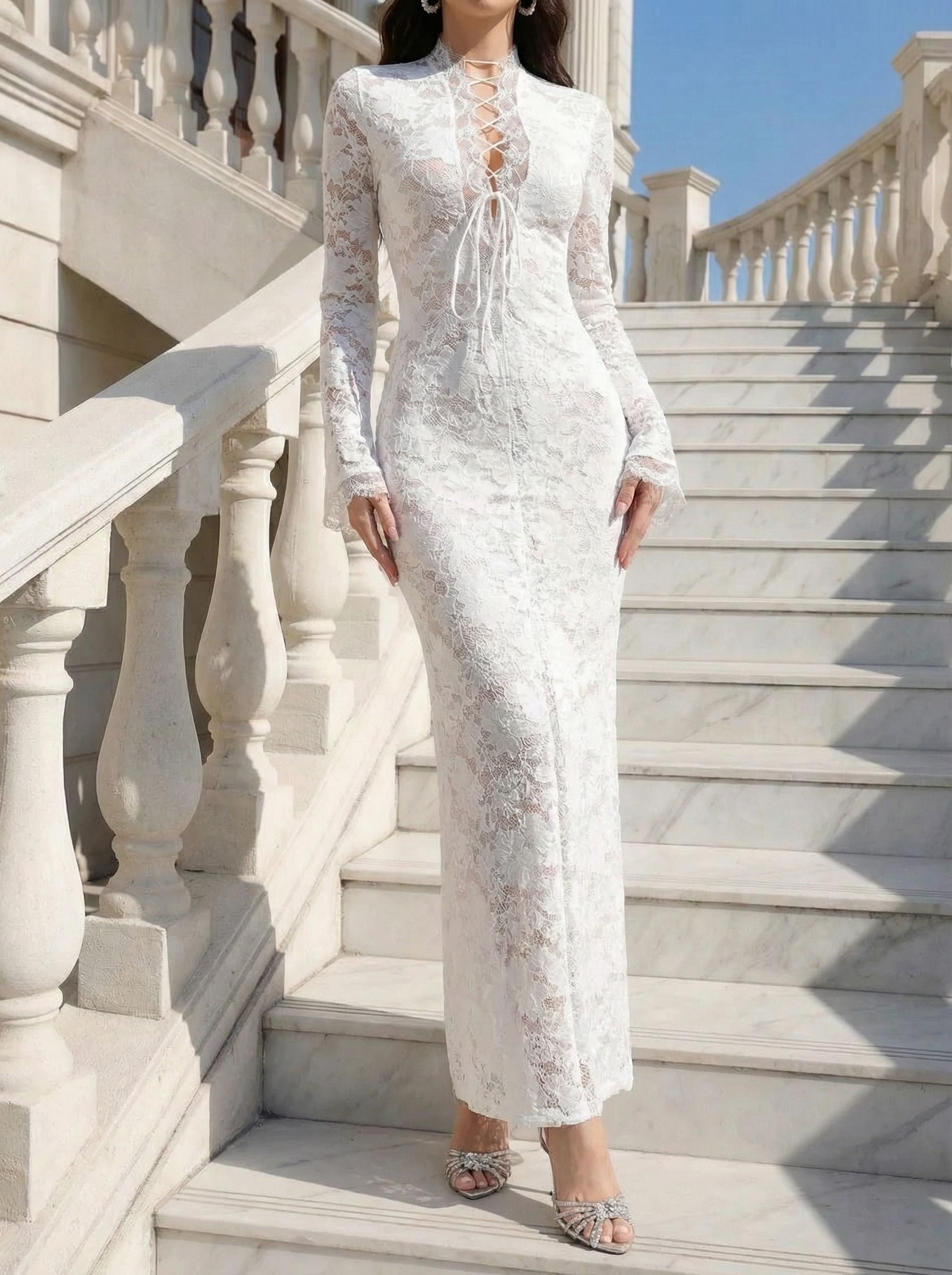 Lace High-Slit Vacation Midi Evening Dress-White