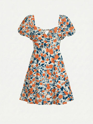 AYLA Floral Print Puff Sleeve Tiered Mini Dress