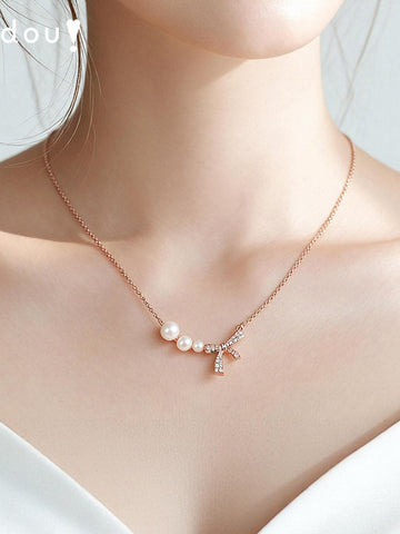 Elegant Pearl Bowknot Gold Necklace