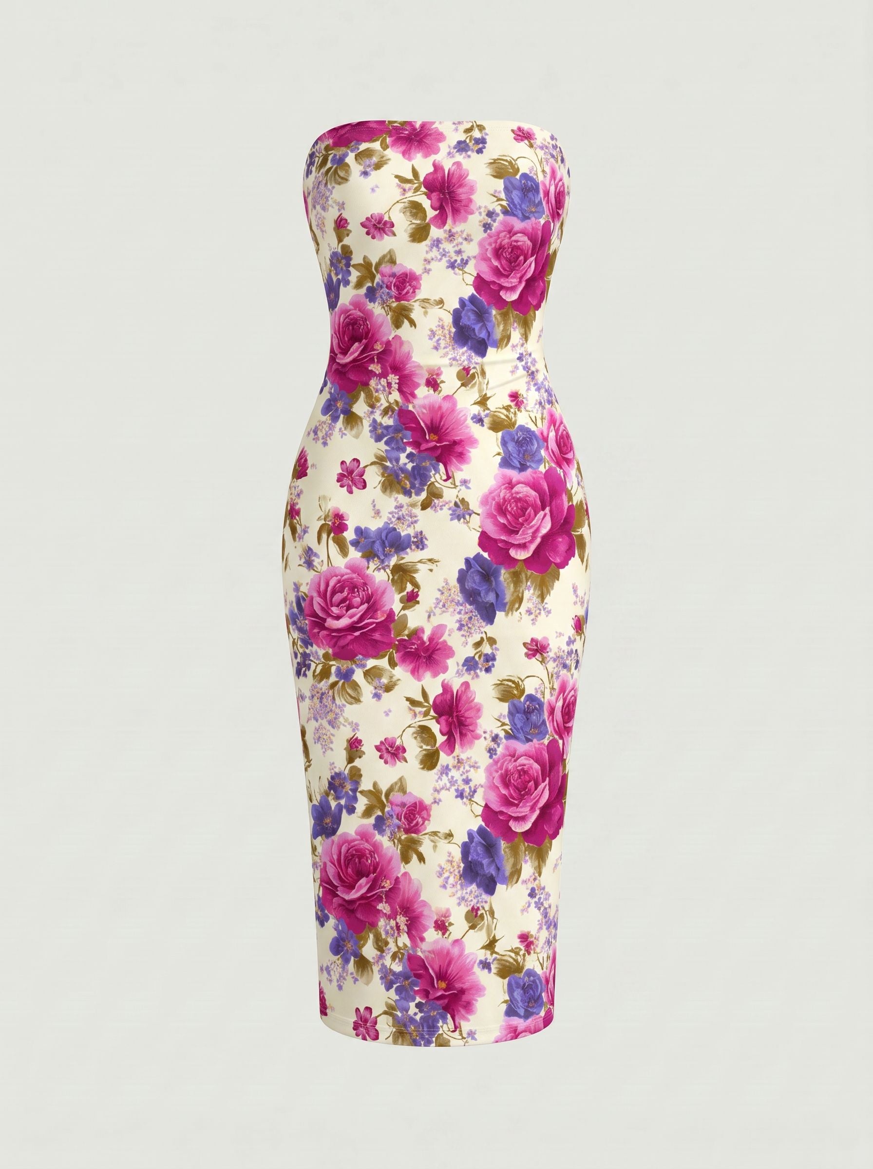 MAIA Floral Print Strapless Sheath Midi Dress