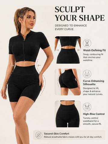 Seamless Ribbed Zip Up Workout Set