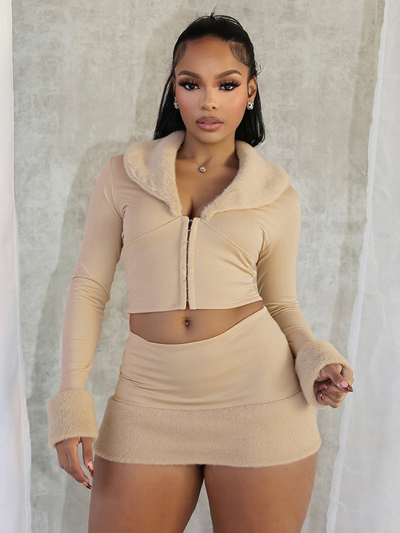 Faux Fur Trim Skirt Set