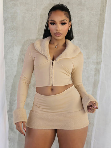 Faux Fur Trim Skirt Set