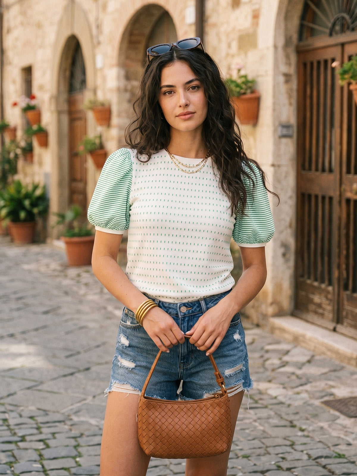 Striped Puff Sleeve Knit T Shirt