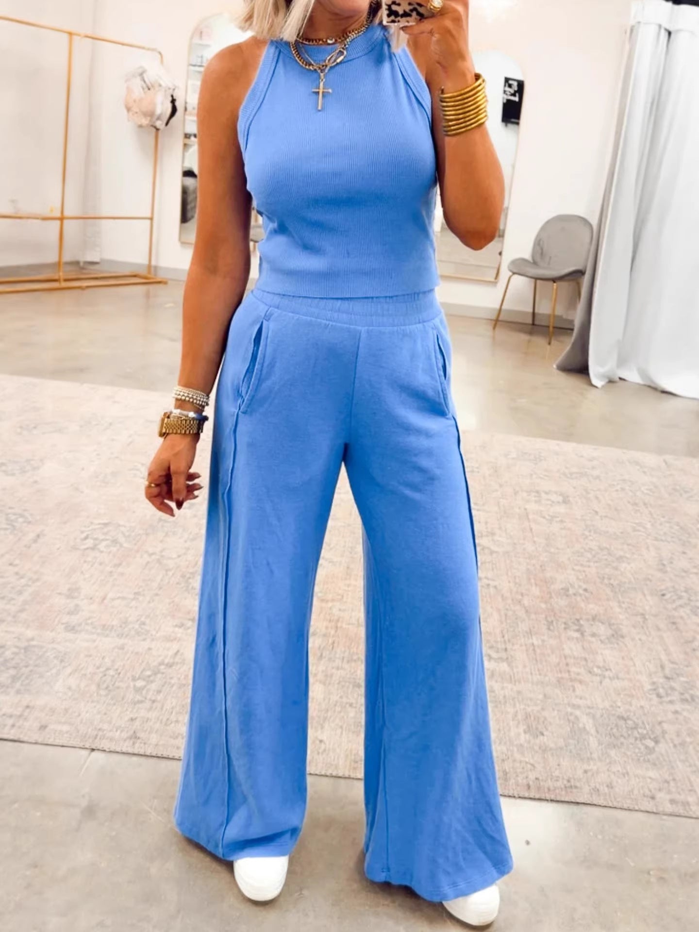 Sleeveless Wide Leg Chic Pant Set