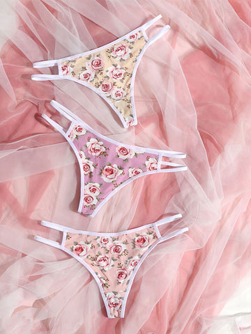 Seamless Floral Print Strappy Thong Panties