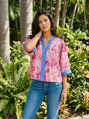 Floral Print Striped Trim Blouse