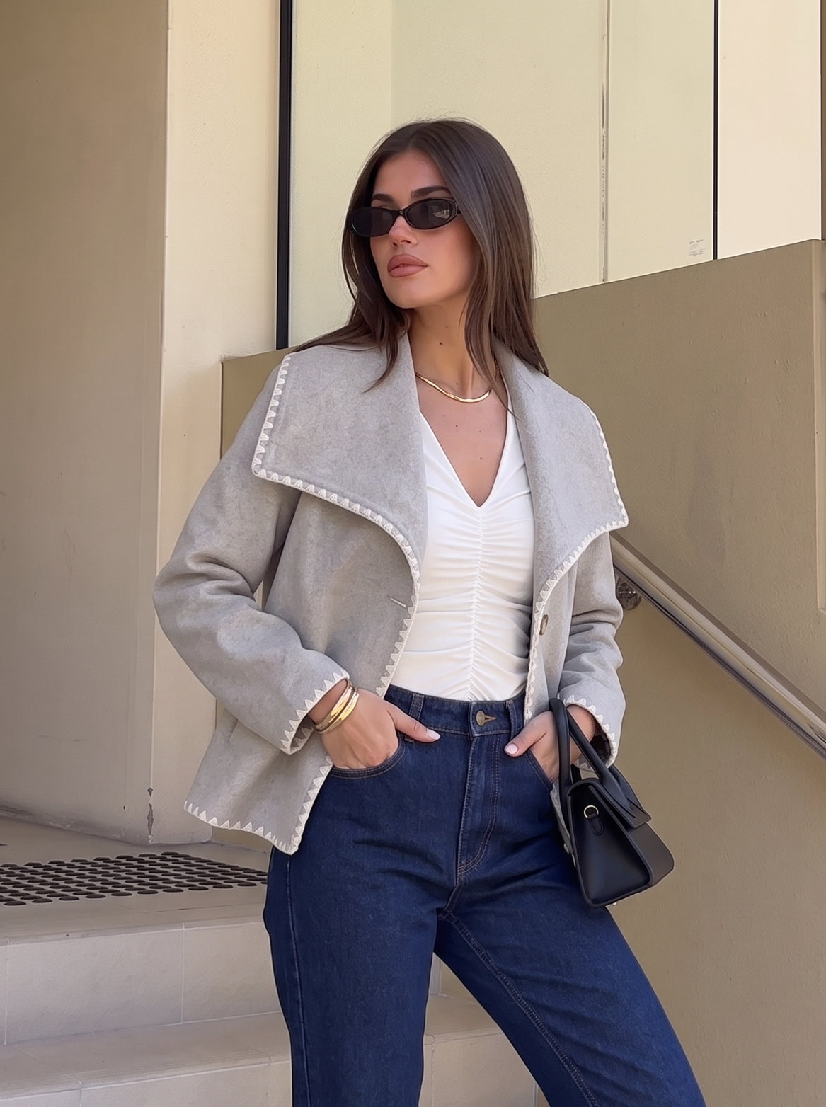 Contrast Stitch Wide Collar Coat