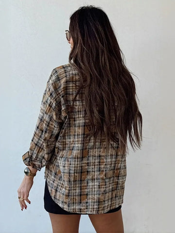 Oversized Distressed Plaid Button Up Shirt