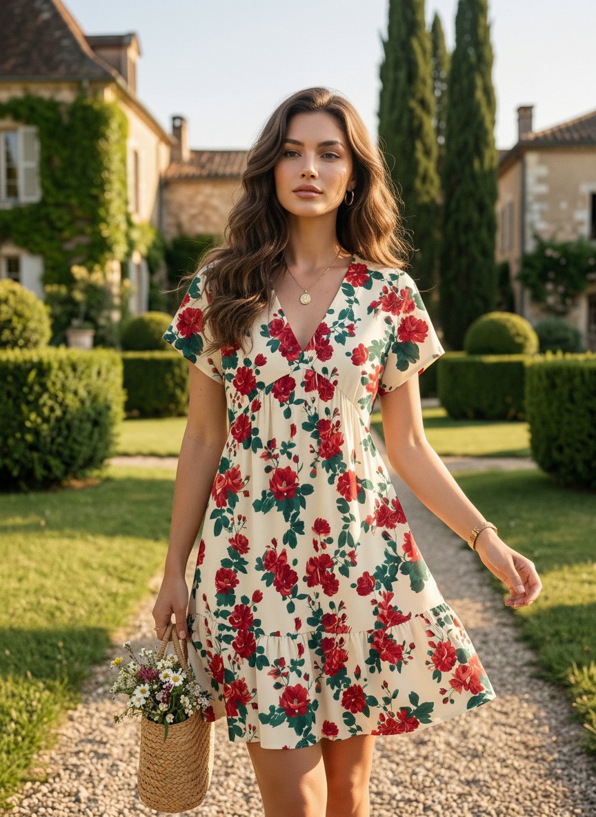 EVA Vintage Red Rose V Neck Tiered Babydoll Mini Dress