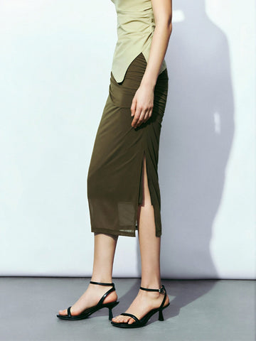 Urban Revivo Ruched Midi Straight Skirt-Grass Green