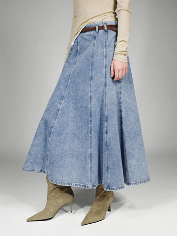Urban Revivo Belted Seamed Denim Midi Skirts-Blue