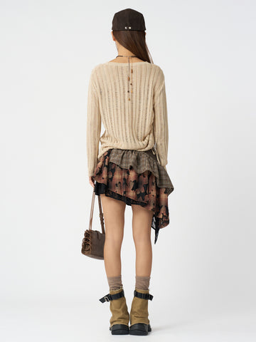 Distressed Plaid Ruffle Asymmetric Mini Skirt