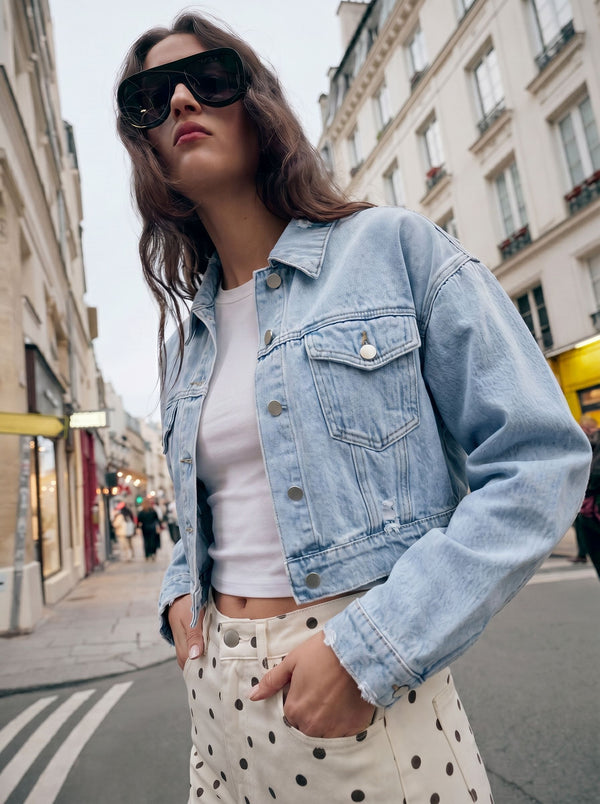 Distressed Cropped Light Wash Denim Jacket