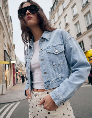 Distressed Cropped Light Wash Denim Jacket