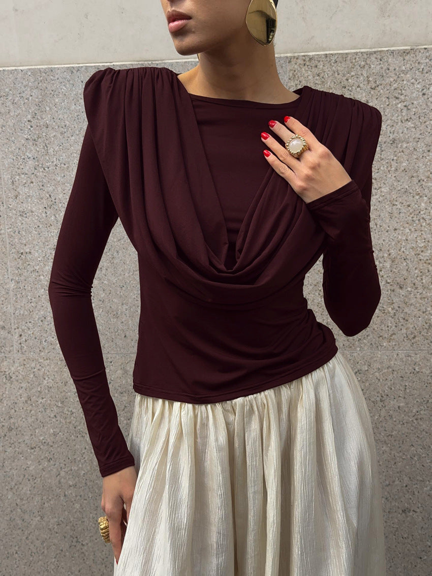 Padded Shoulder Cowl Neck T Shirt