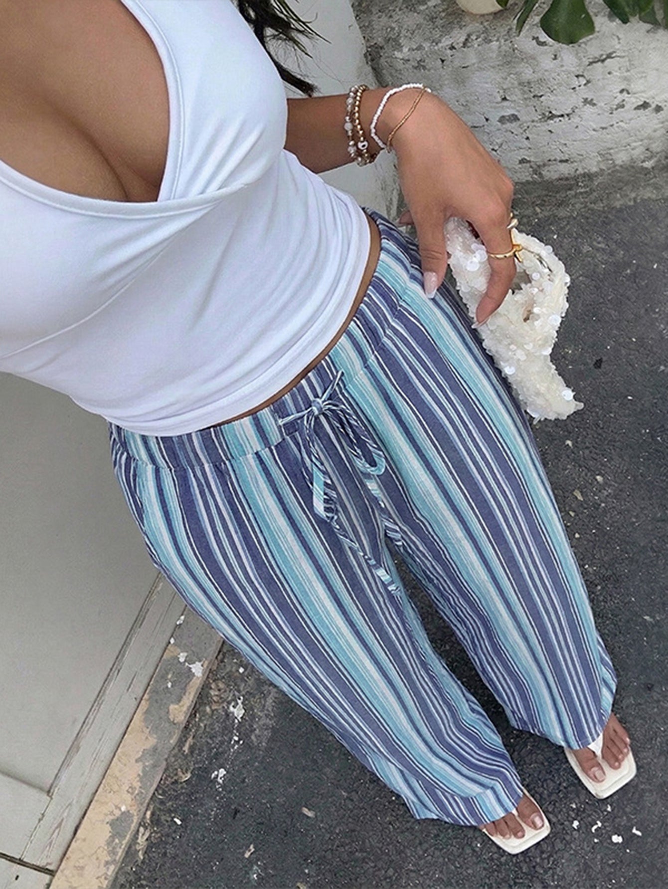 Striped Tie Waist Wide Leg Pants