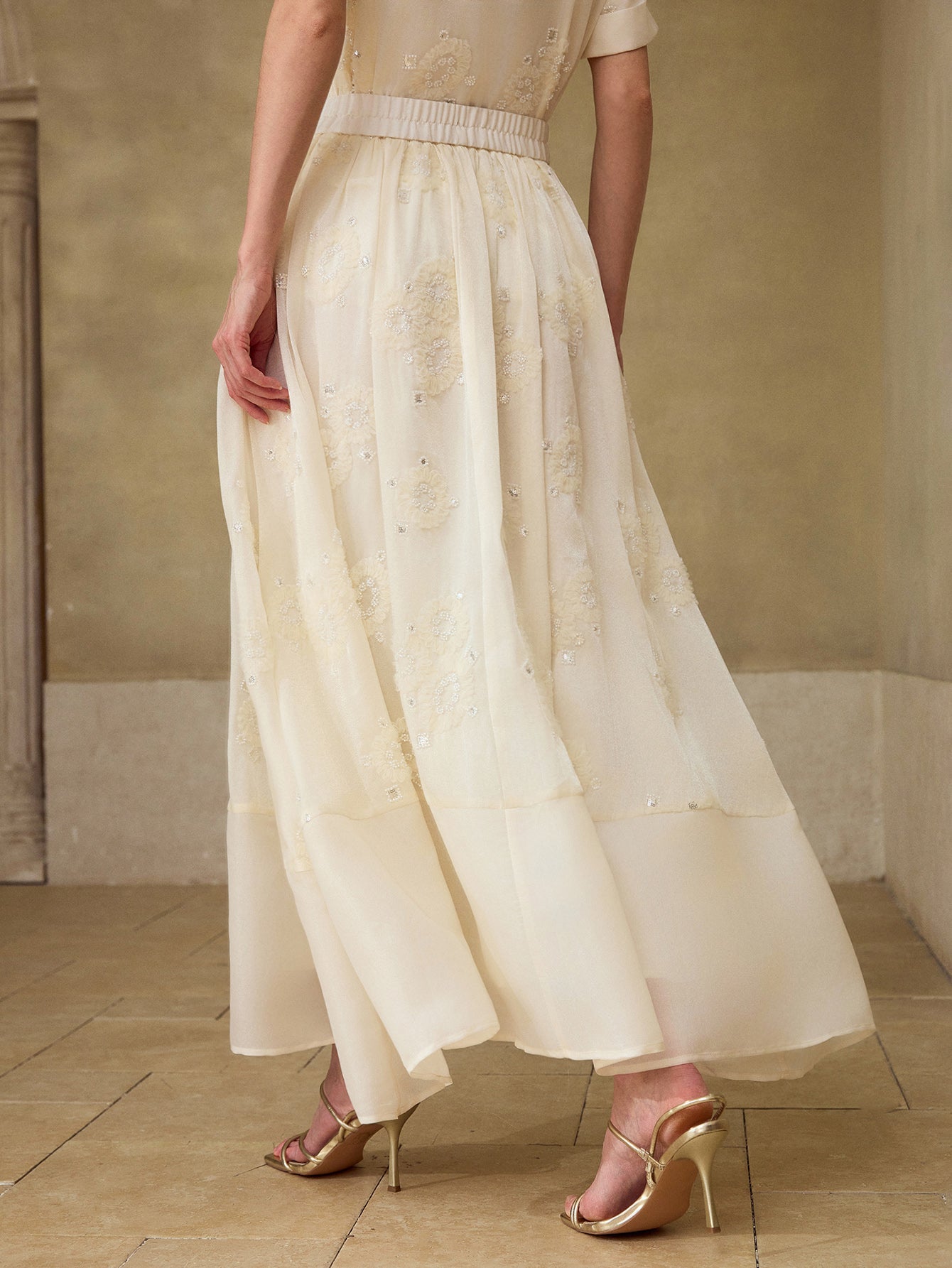 Embroidered Sheer Flowy Maxi Skirt