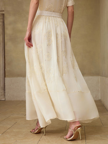 Embroidered Sheer Flowy Maxi Skirt