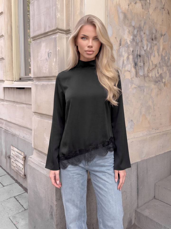 Asymmetric Lace Trim Mock Neck Top